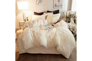 XeGe Plush Shaggy Duvet Cover Set, Luxury Ultra Soft Crystal Velvet Fluffy Bedding Sets 3 Pieces(1 Furry Faux Fur Comforter Cover + 2 Fuzzy Faux Fur Pillowcases), Zipper Closure(King, Light Beige)