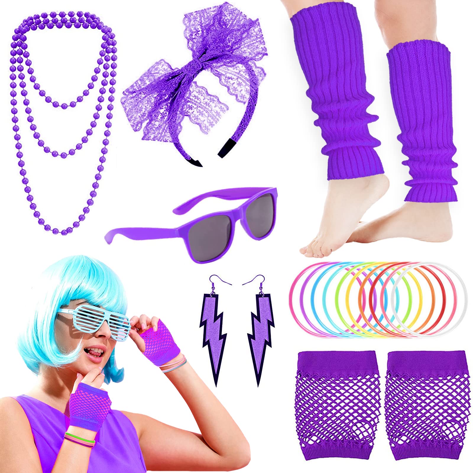 Carreuty 19Pcs Ladies 80s Accessories, Purple 80s Fancy Dress for Women with Lightning Earrings Necklace Fishnet Gloves Headband for Retro Parties Hen Do Parties Girls Kids-Purple