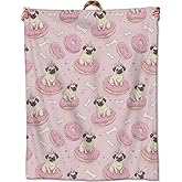 Zeleda Pug Unicorn Blanket, Lightweight Cozy Flannel Throw Blankets, Cartoon Cute Dog with Donut and Bone, Fun Kawaii Pink Throws for Couch Bed Living Room, 60x50inch, Gifts for Pet Lovers