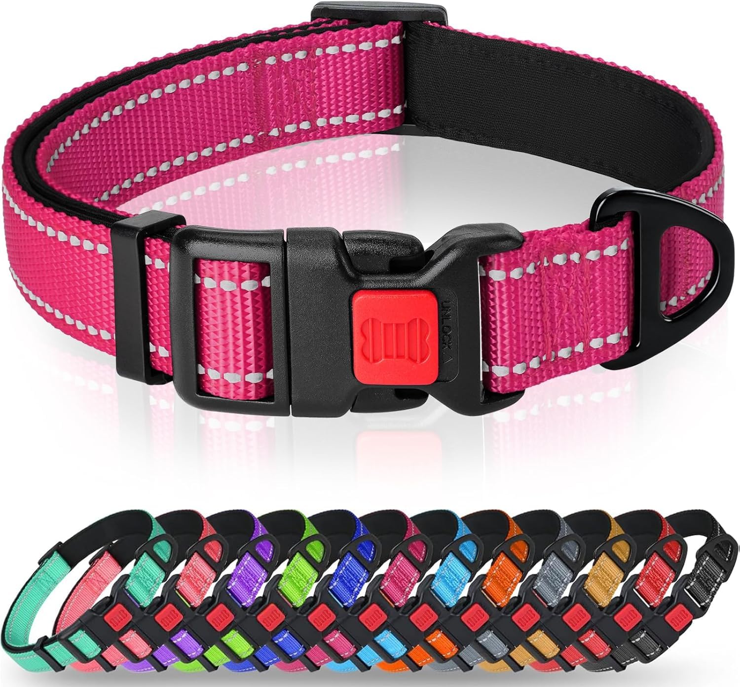 Taglory Reflective Nylon Dog Collar with Safety Buckle, Adjustable Pet Collars with Soft Neoprene Padding for Large Dogs, Hot Pink
