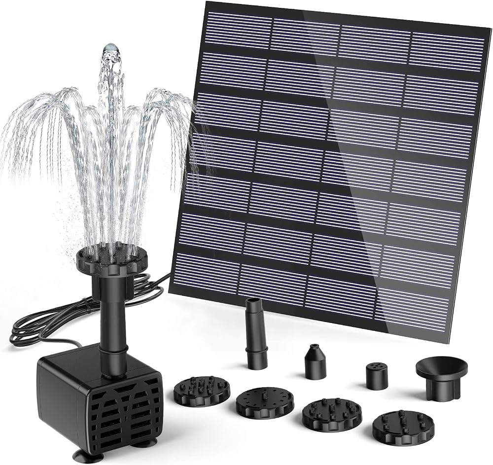 AMZtime Solar Fountain Pump 1.5W 6 Nozzles 2.7m Cable Bird Bath Pond