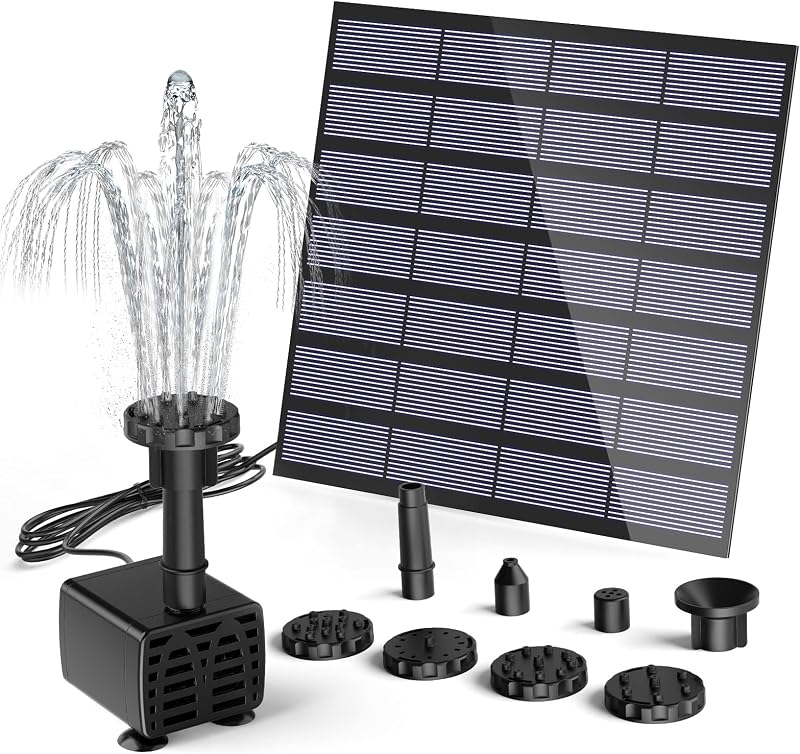 AMZtime Solar Fountain Pump 1.5W 6 Nozzles 2.7m Cable Bird Bath Pond