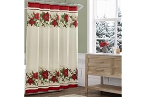 Elrene Home Fashions Christmas Red and White Poinsettias Fabric Bathroom Shower Curtain, 70 Inches x 72 Inches