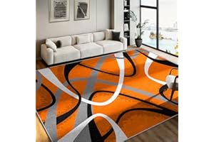 Abstract Area Rug, 5x6ft Orange Black White Grey Swirl Carpet, Non-Slip Mat Washable Rug, Bold Fluid Line Pattern, Contempora