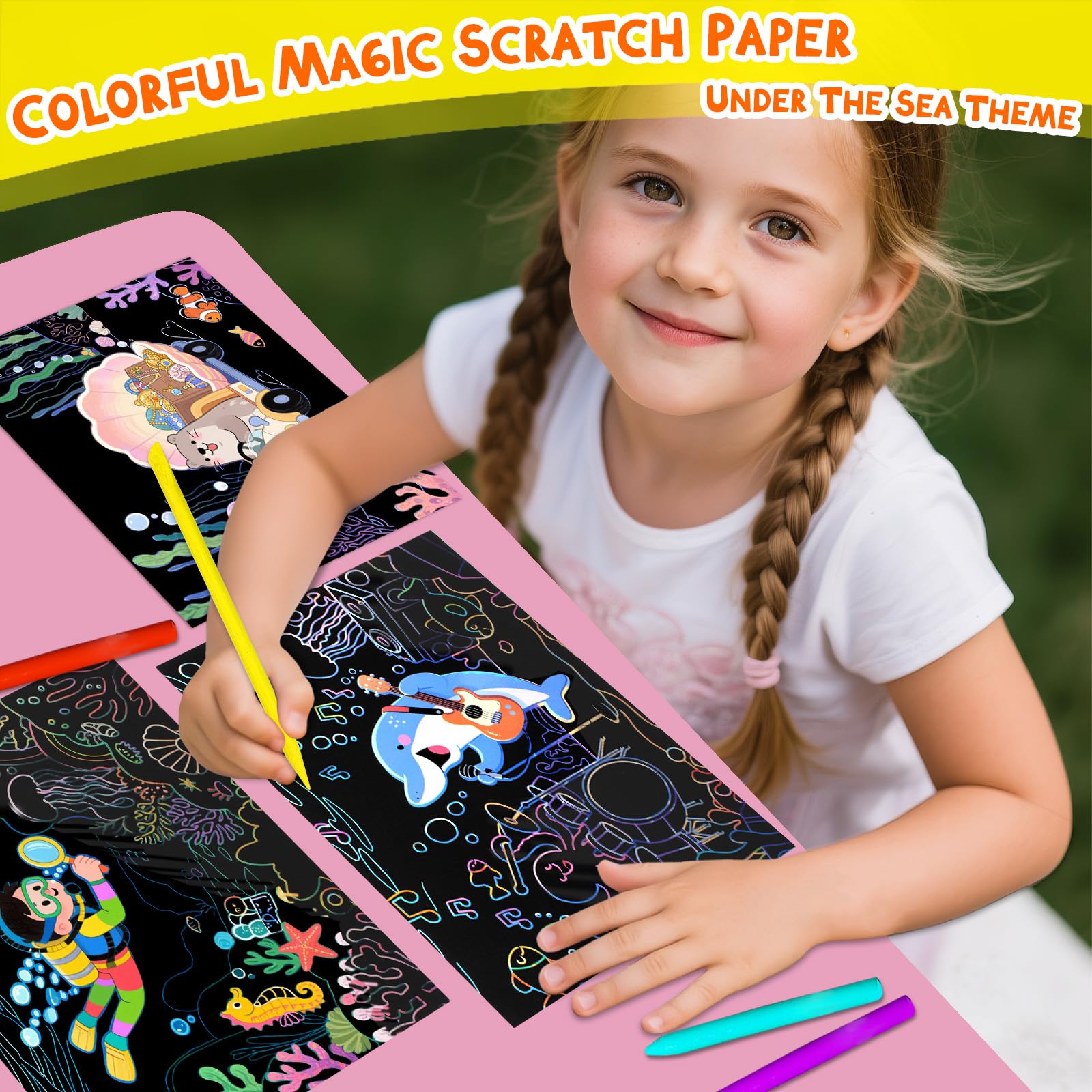 KSIWRE 15PCS Magic Scratch Paper Art Set, Underwater World Adventure Theme Drawing Art Book with Scrach Pen
