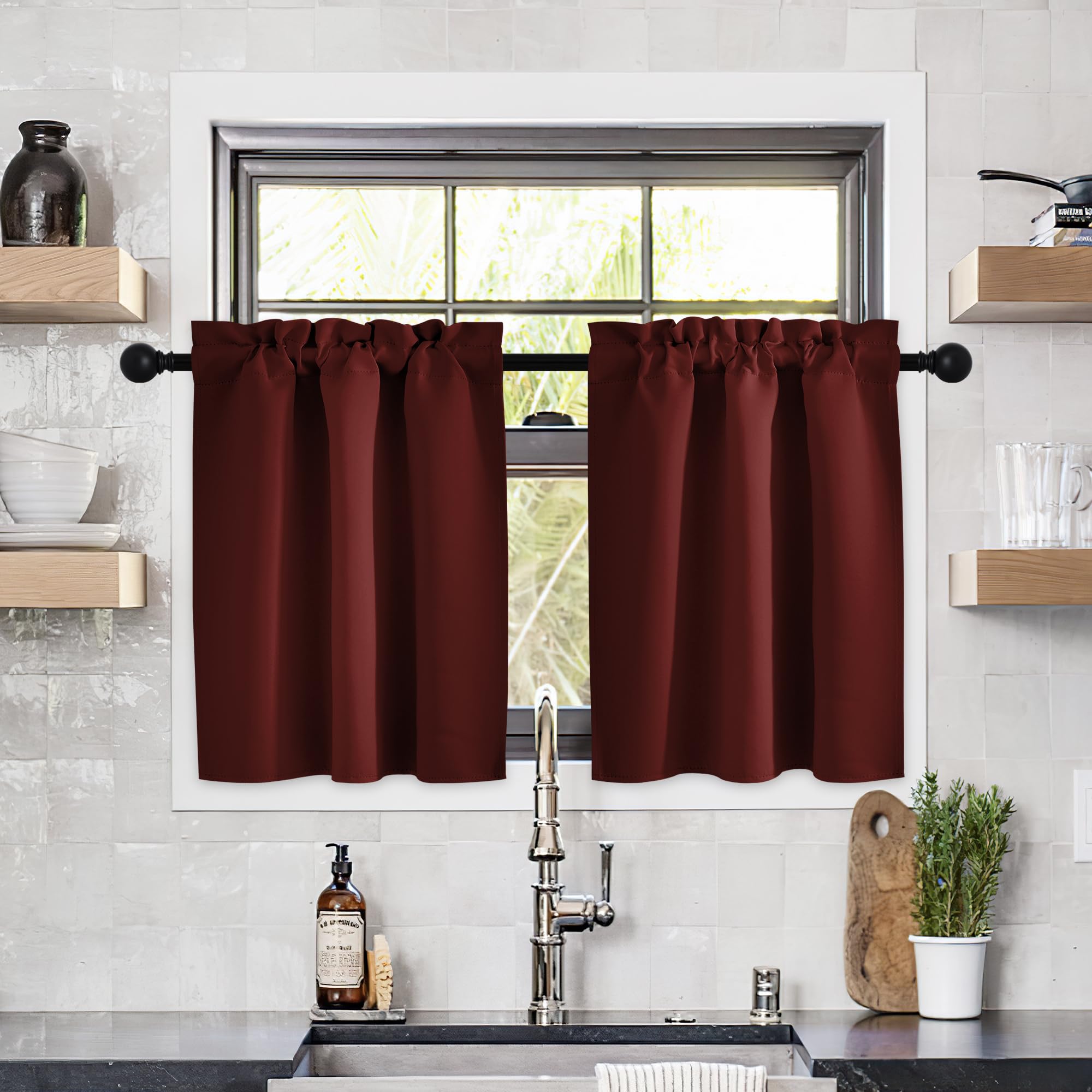 Photo 1 of NICETOWN Burgundy Red Kitchen Short Curtains 30 Inches Long for Christmas, Farmhouse Tiers Cafe Curtains for Living Room Bathroom Laundry RV Rustic Half Window, 2 Panels, 29" Wide
