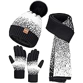 Remifa Womens Winter Beanie Hat Scarf Gloves Set, Pom Pom Warm Hat Long Knit Scarf Touchscreen Gloves 3 In 1 Christmas Gift