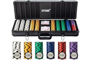ARTGAME 14 Gram Clay Poker Chip Set for Texas Hold’em, 500Pcs Casino Style Chips, with K-Type Aluminum Case and Dealer Buttons.