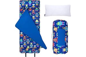 Wildkin Original Nap Mat with Reusable Pillow for Boys & Girls, Perfect for Elementary Daycare Sleepovers, Features Hook & Loop Fastener, Cotton Blend Materials Nap Mat for Kids (Robots)