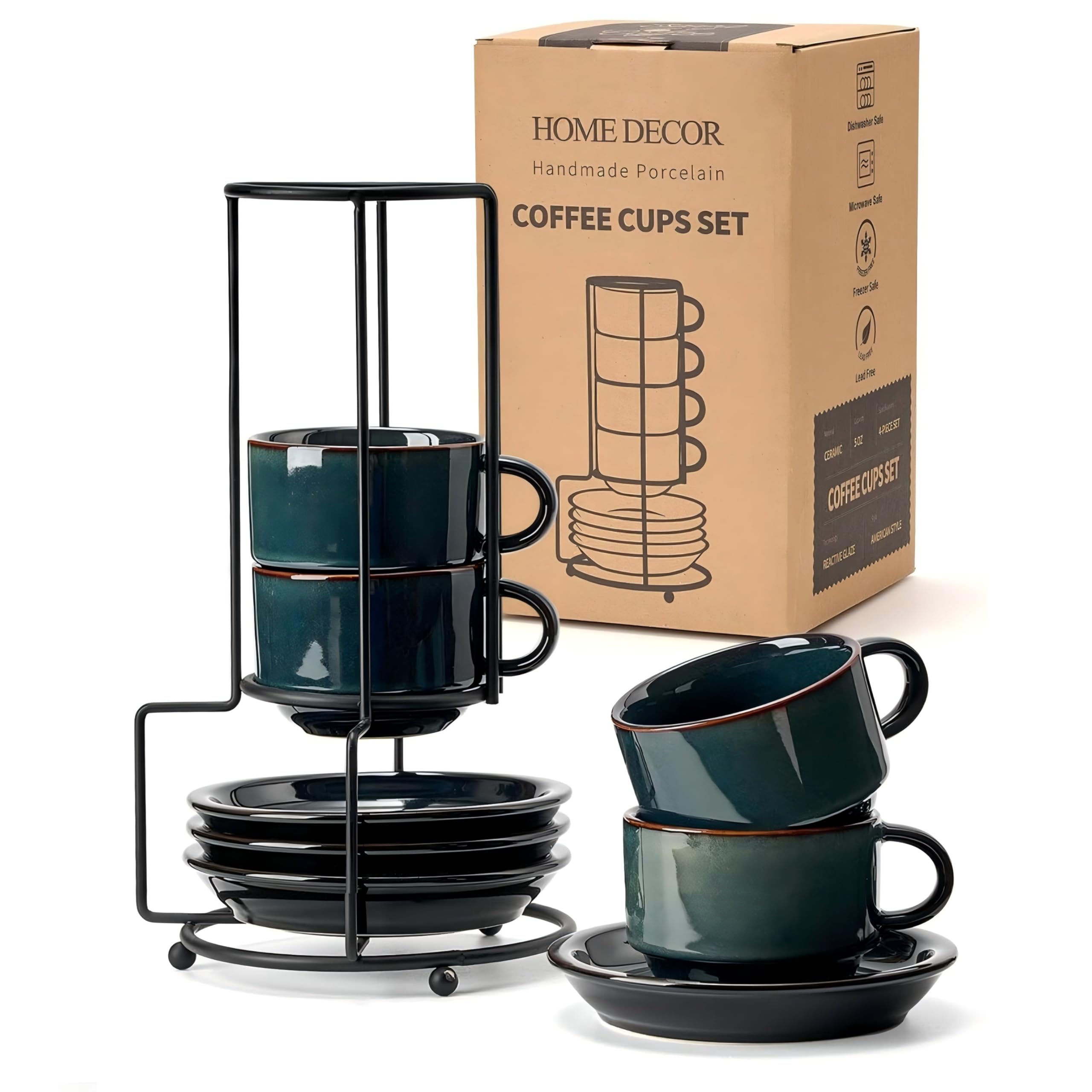 HOME DECOR Espresso Cups Set - Reactive Glaze Process - 4 x 140 ml Coffee Cups with Saucer & Stand - Elegant Ceramic Cups for Espresso, Coffee and Latte - Reactive Dark Green
