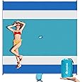 Laybax Blue Water-Resistant, Sandproof 10x9ft Beach Blanket with Umbrella Hole–Beach Mat, Compact and Lightweight, Stuff Sack, 4 Stakes, Sand Pockets, Works with Beach Canopies, Umbrellas, Kids Tents