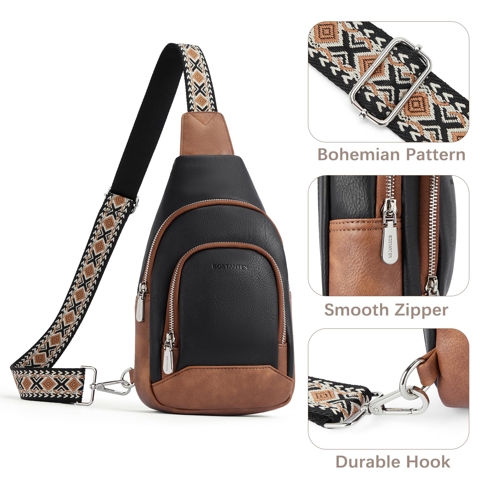 BOSTANTEN Sling Bag for Women Leather Crossbody Bag Vintage Cross Body Purse for Travel with Guitar Strap, Bohemian Style