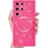 Svanove Glitter Case for Samsung Galaxy S25 Ultra Phone Case Magnetic Compatible with Magsafe Cute, Sparkle Bling Shiny Sparkly Aesthetic Hard Bright Glittery Mag Cover for Women Girl, Neon Hot Pink