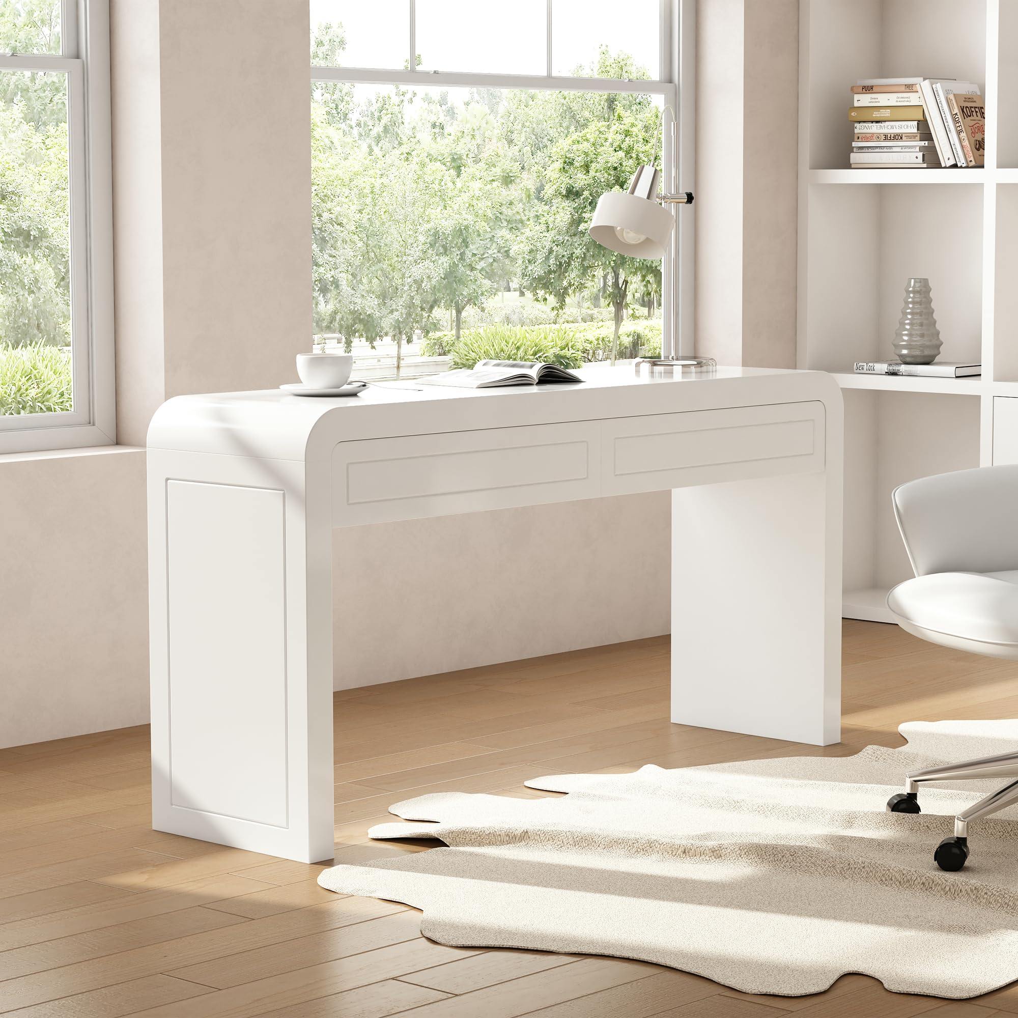 Photo 1 of Merax 60" Entryway Console Table with Storage, 2 Drawers with Functional Divider/Retro Curved Design/Behind Couch & Sofa, White