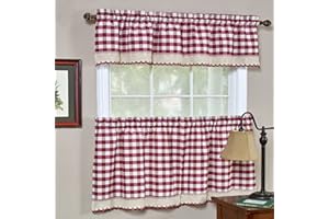 Woven Trends 3-Piece Tier and Valance Set, Window Kitchen Curtains Checkered Plaid Gingham Design, 29W x 24L Inches Farmhouse Tier Panels, Buffalo Cafe Curtain with Swag and Tier Pair Set, Burgundy