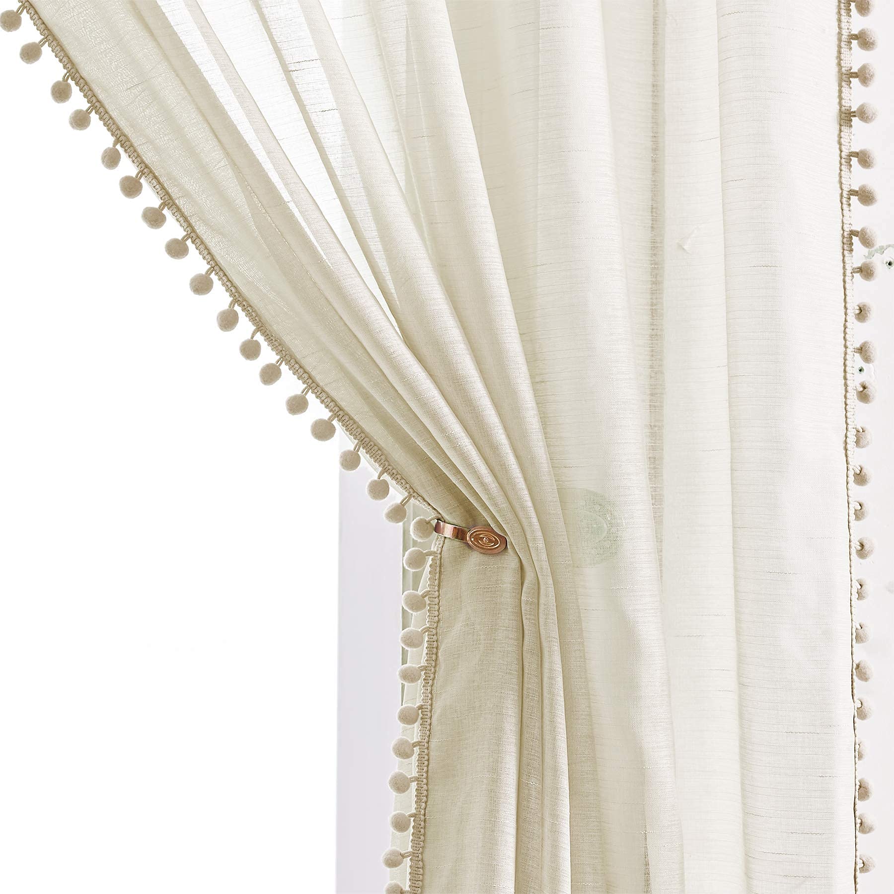 Pom-Pom Linen Sheer Curtain Panels for Nursery 54-inch Light Weight & Airy Pencil Pleat Voile Curtains Slub Textured Natural Farmhouse Semi-Transparent Window Drapes for Childrens Bedroom 52" w 1 Pair