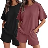 Neer 2 Pack Waffle Knit Women's Pajama Sets Lounge Cute Short Sleeve Top and Shorts Matching PJ With Pockets