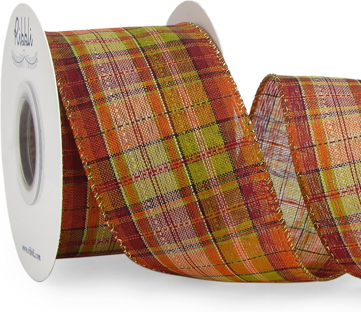Bows & Ribbons - Ribbli Fall Burlap Wired Ribbon with Metallic Edge, 2-1/2 Inch x 10 Yard,Fall Plaid Ribbon,Check Ribbon for Big Bow,Fall Wreath,Gift Wrapping, Orange/Burgundy/Green