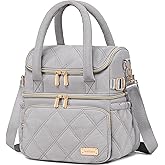 Weitars Lunch Bag for Women Men,Double Deck Lunch Box for Women,Quilted Lunch Tote for Work,Insulated Lunch Cooler Leakproof Lunchbox for Adult with Shoulder Strap &Pockets for Picnic Hiking (Gray)