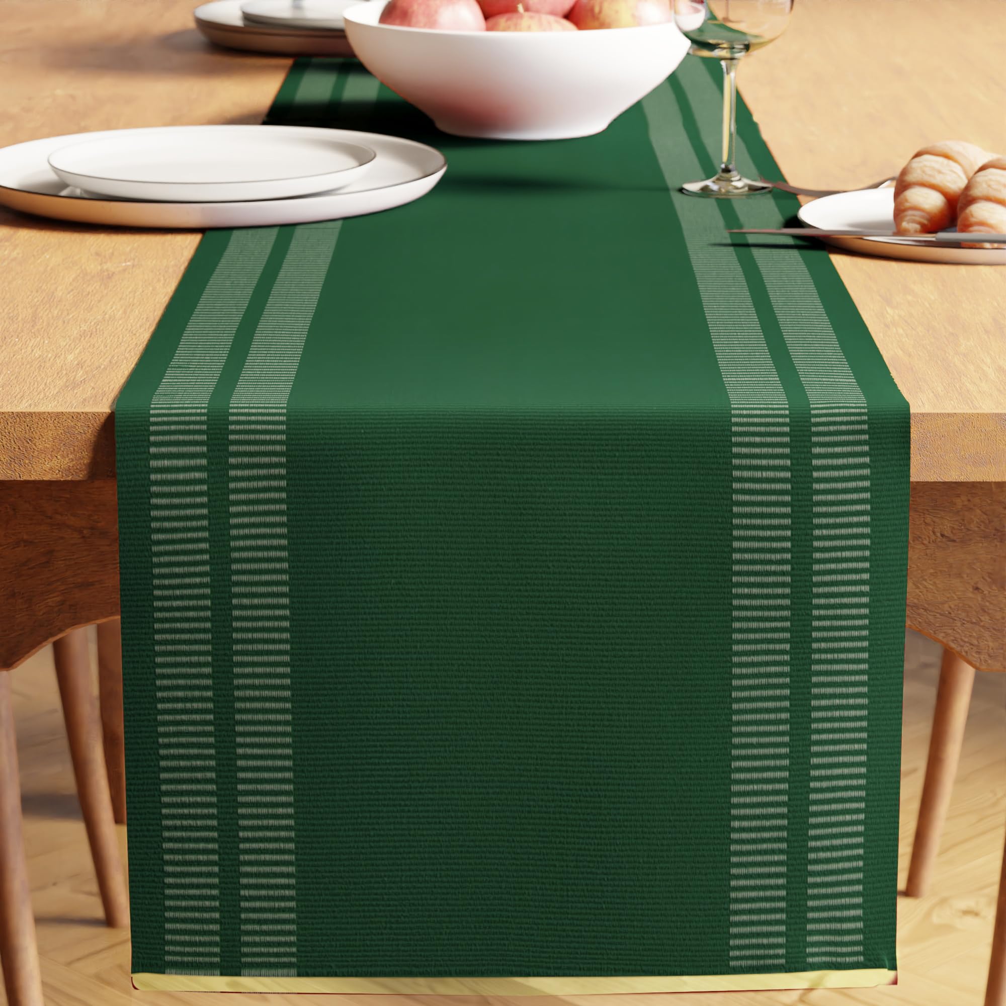 Encasa XO Dining Table Runner 32x240 cm | Yarn Dyed Fine Ribbed Cotton | Ladder Dk Green | Machine Washable — image 1