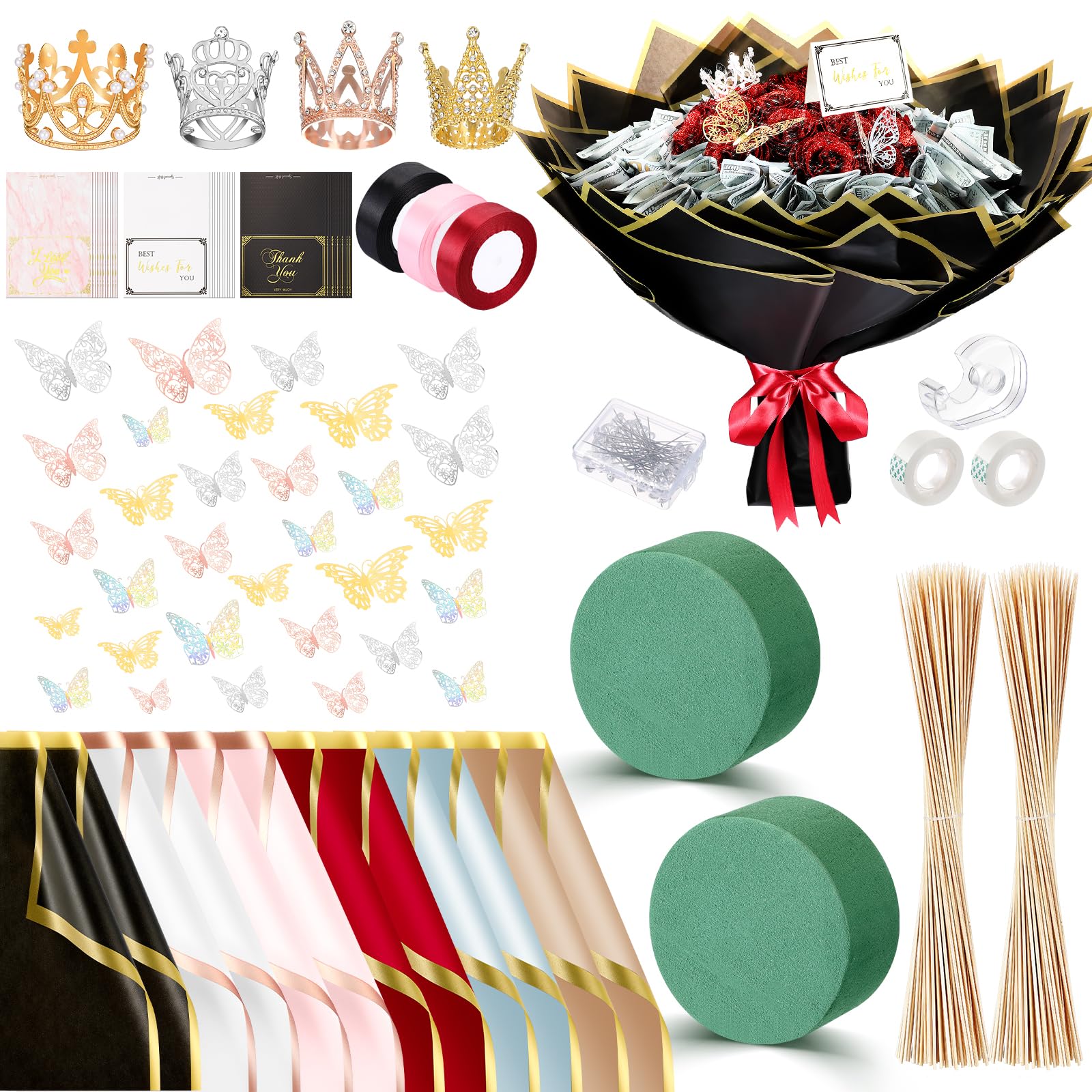Photo 1 of Fullhawl Thanksgiving Money Bouquet Kit 40 Sheets Flower Wrapping Paper Floral Foam Blocks Bamboo Skewers for Birthday Anniversary Wedding Gifts Mother's Day Valentine's Day(Muticolor)