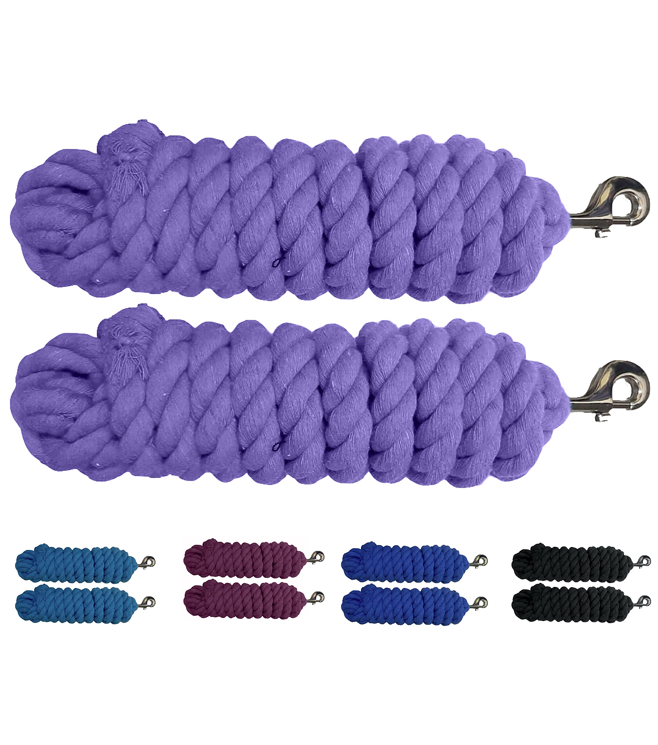Majestic Ally Pack of 2 Solid Cotton Lead Rope for Horses & Livestock – 10 Foot Long and 5/8 inch (16MM) Thick - Replaceable Heavy-Duty Satin Bolt Snap – Handmade – Soft, Broken in Feel (Lilac)