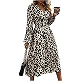 Milumia Women's Leopard Print Midi Dress V Neck A Line Long Elastic Waist Casual Dresses