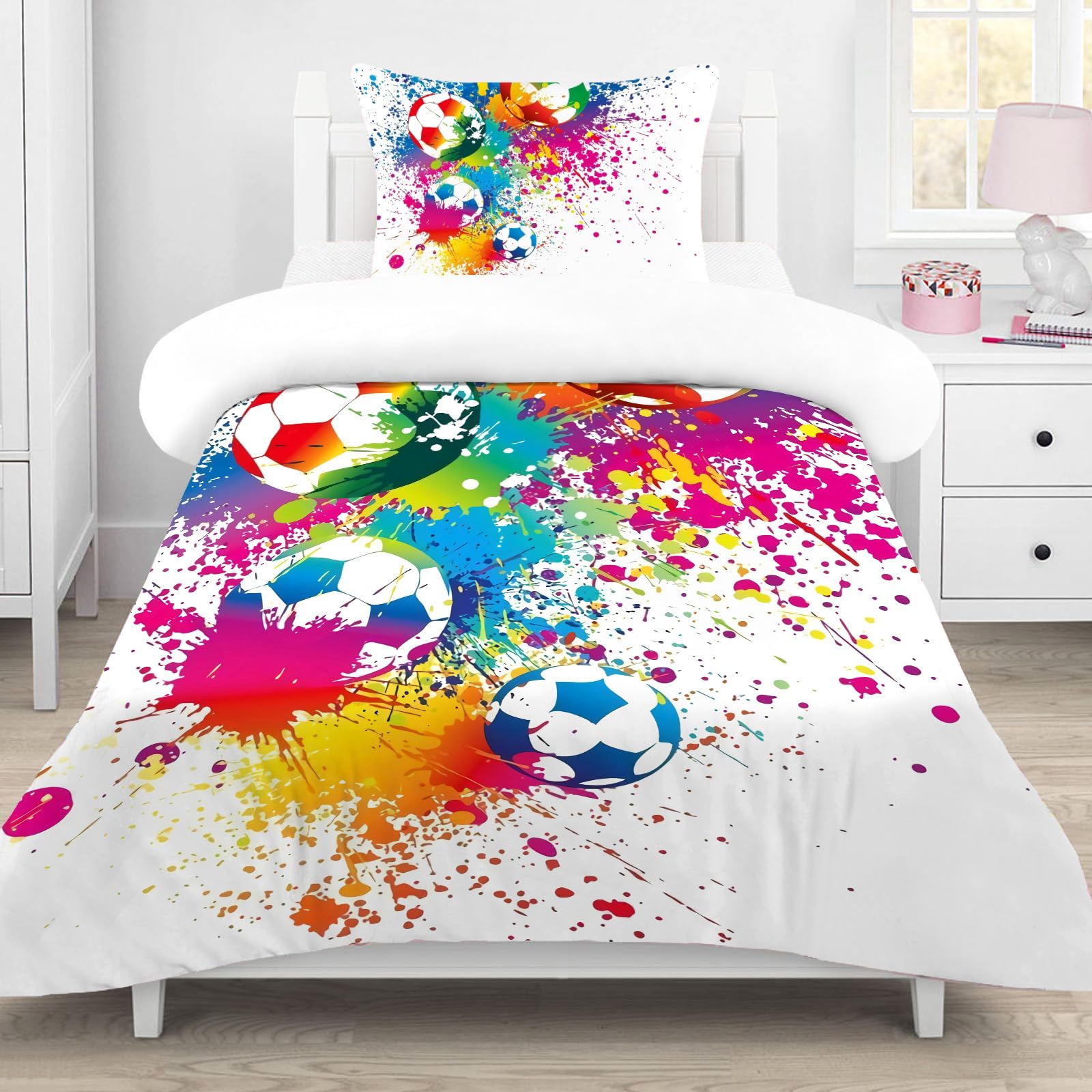 MUSOLEI Football Single Duvet Covers Set Boys Sport Bedding Sets for Kids/Children/Girls Multi-Colored Graffiti Quilt Cover Matching Quit Cover 135X200cm + 1 Pillowcase 50X75cm Soft Microfiber