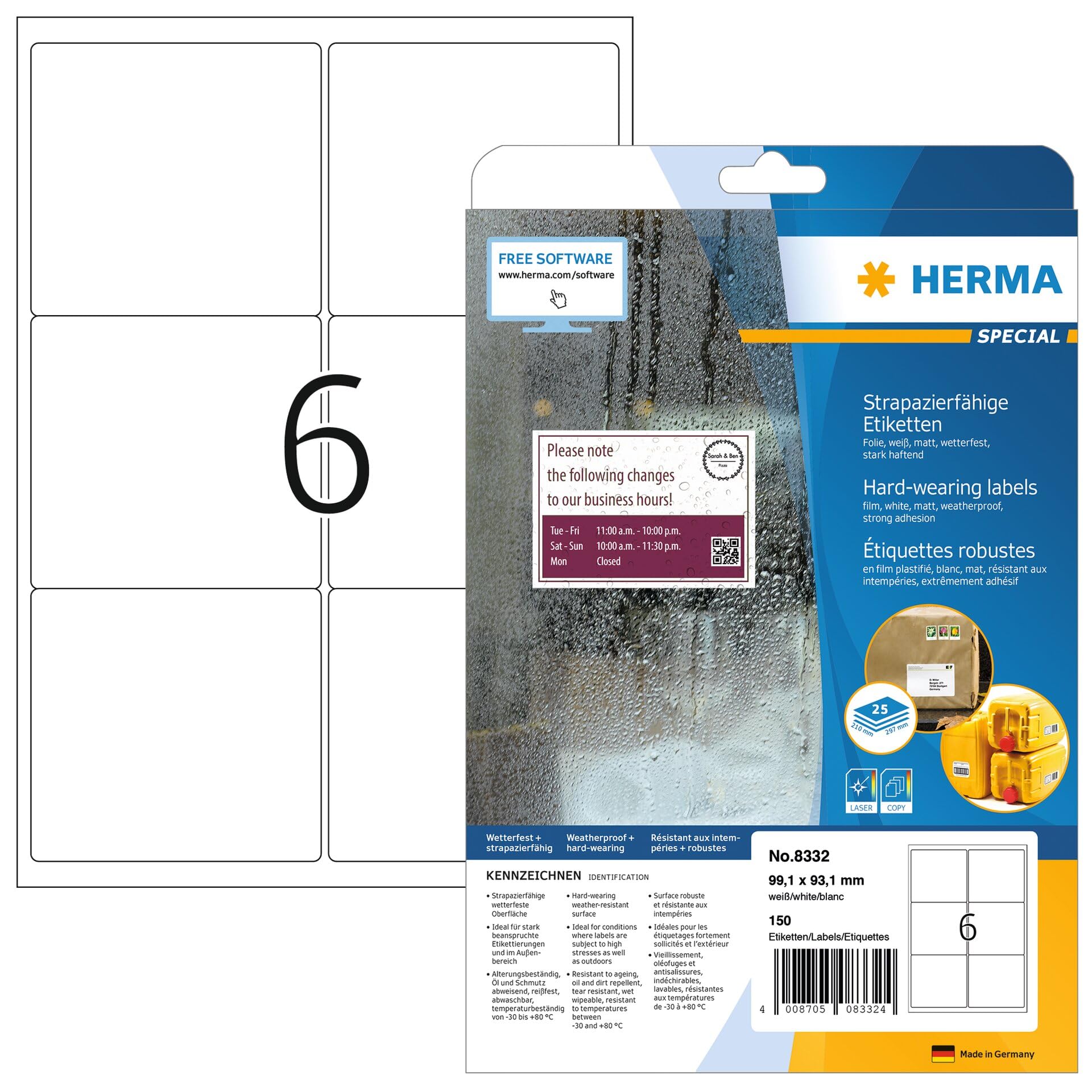 HERMA Self Adhesive Weatherproof Shipping Labels, 6 Labels per A4 Sheet, 25 Sheets, 99.1 x 93.1 mm, 150 Labels, Blank Parcel Labels Stickers, Sticky Labels for Laser & Inkjet Printer, White