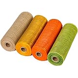LaRibbons Deco Poly Mesh Ribbon - 10 inch x 30 feet Each Roll - Metallic Foil Orange/Gold/Cream/Green Set for Wreaths, Swags 