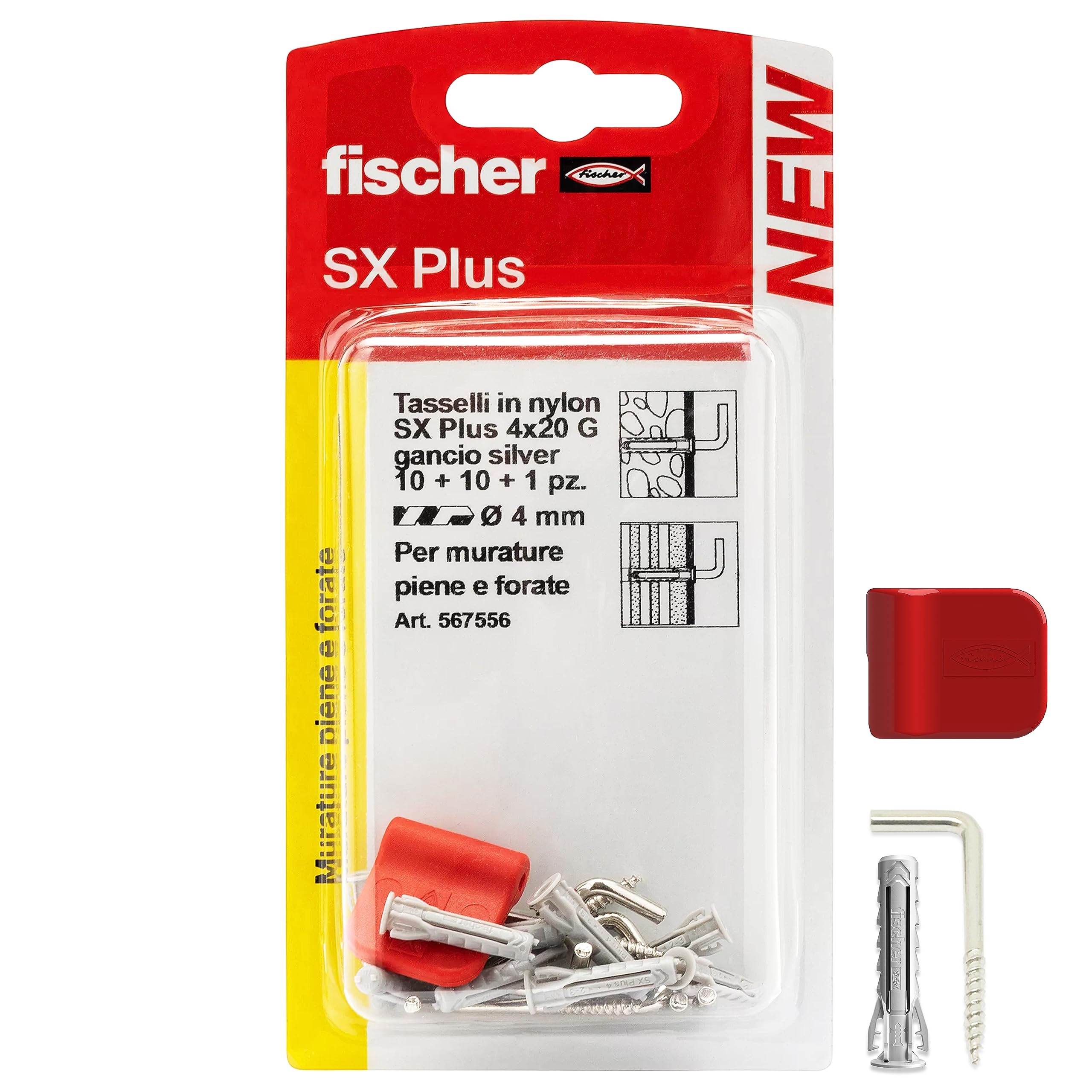 Fischer 10 Silver Picture Hooks with 4 mm Dowels and Fixing Clips, Clean Installation on Wall for Heavy Frames, 567556