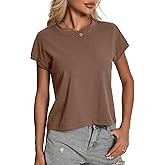 Womens Summer Tops, Cotton Crew Neck Cap Sleeve Loose Fit Shirts, Casual Trendy Lightweight Pullover Basic Tees