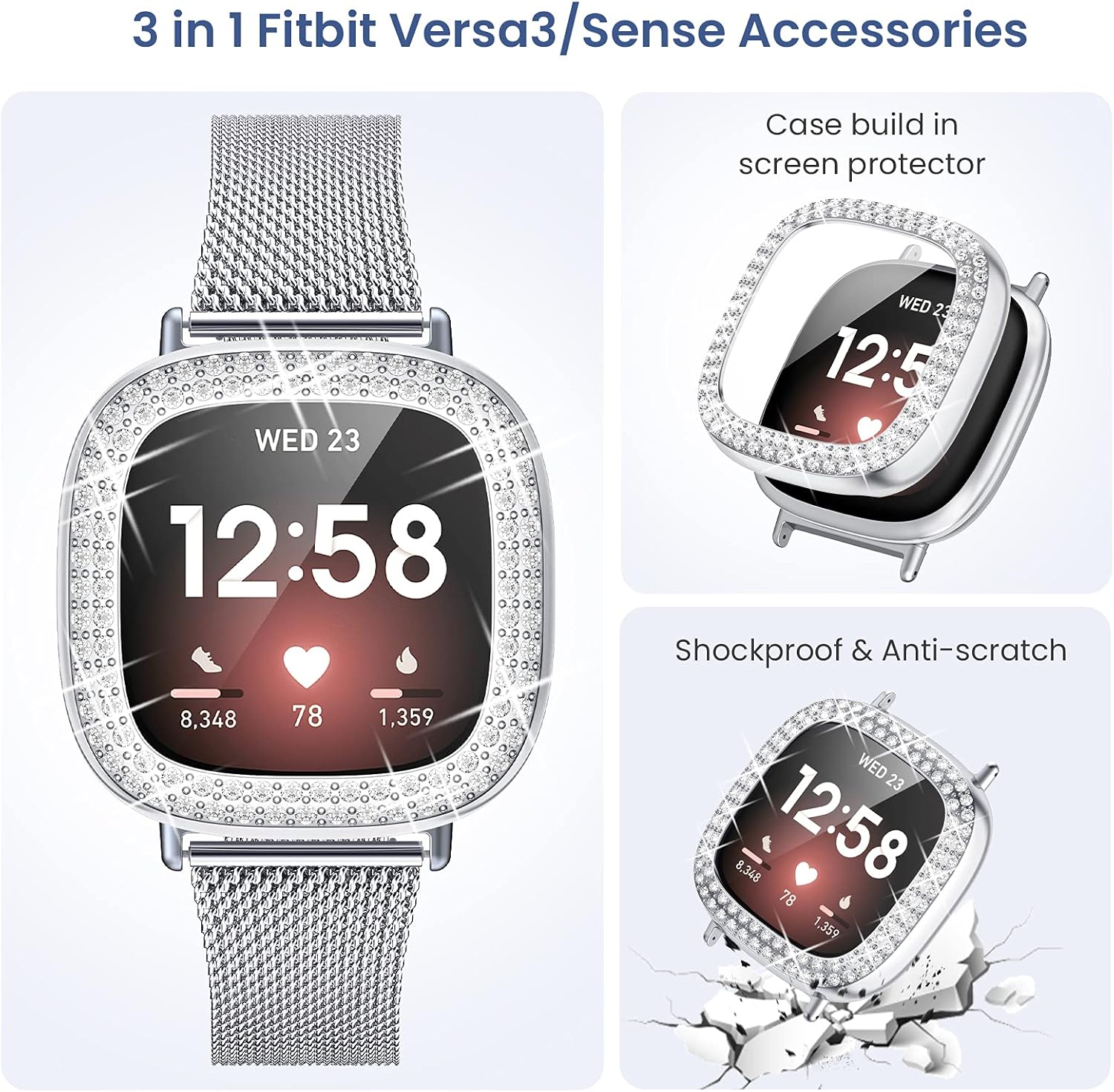 Goton Band & Screen Protector Case Compatible with Fitbit Versa 3/ Sense, Stainless Steel Metal Mesh Loop Replacement Band & Bling Case for Fitbit Sense/Versa3 Smartwatch Accessories for Women Silver: Clothing