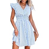 CUPSHE Women's Mini Dress V Neck Flutter Sleeve Striped Smocked Waist A Line Short Summer Cocktail Dress