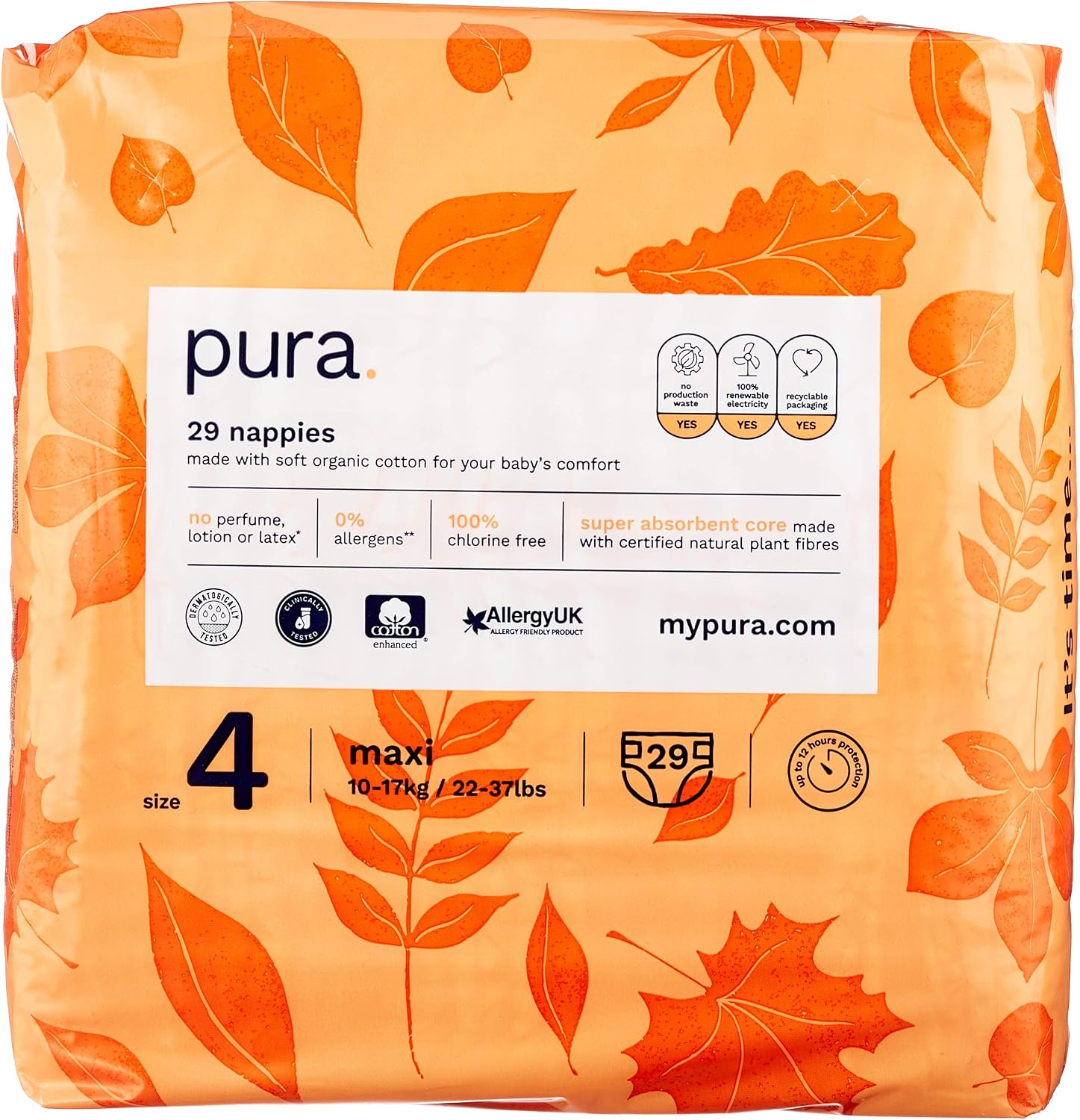 Pura Baby Toddler Nappies Size 4 (Maxi 7-18kg / 15-40 lbs) Monthly Pack 5 x 29 per pack, 145 Nappies, Allergy UK Approved