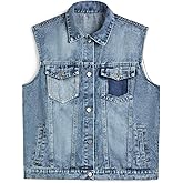 EMMIOL Y2K Sleeveless Denim Vest Women, Jean Vest Top Distressed Vintage, Waistcoat Jacket Oversized Contrast Panel 4 Pockets