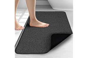 HOMTEB Upgraded Thin Bathroom Rugs, Bath Mat Super Absorbent, Bath Rugs Rubber Backing Non-Slip, Quick Dry Machine Washable, Cozy Cloth Bathroom Mat fit Under Door/Sink/ Bathtub/Floor/Shower 17''x27''-Black