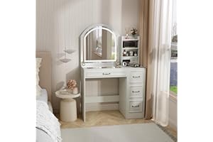 Makeup Vanity Desk with Mirror and Lights, Modern Dressing Table with Transparent Glass Tabletop,4 Drawers, Side Cabinet and 