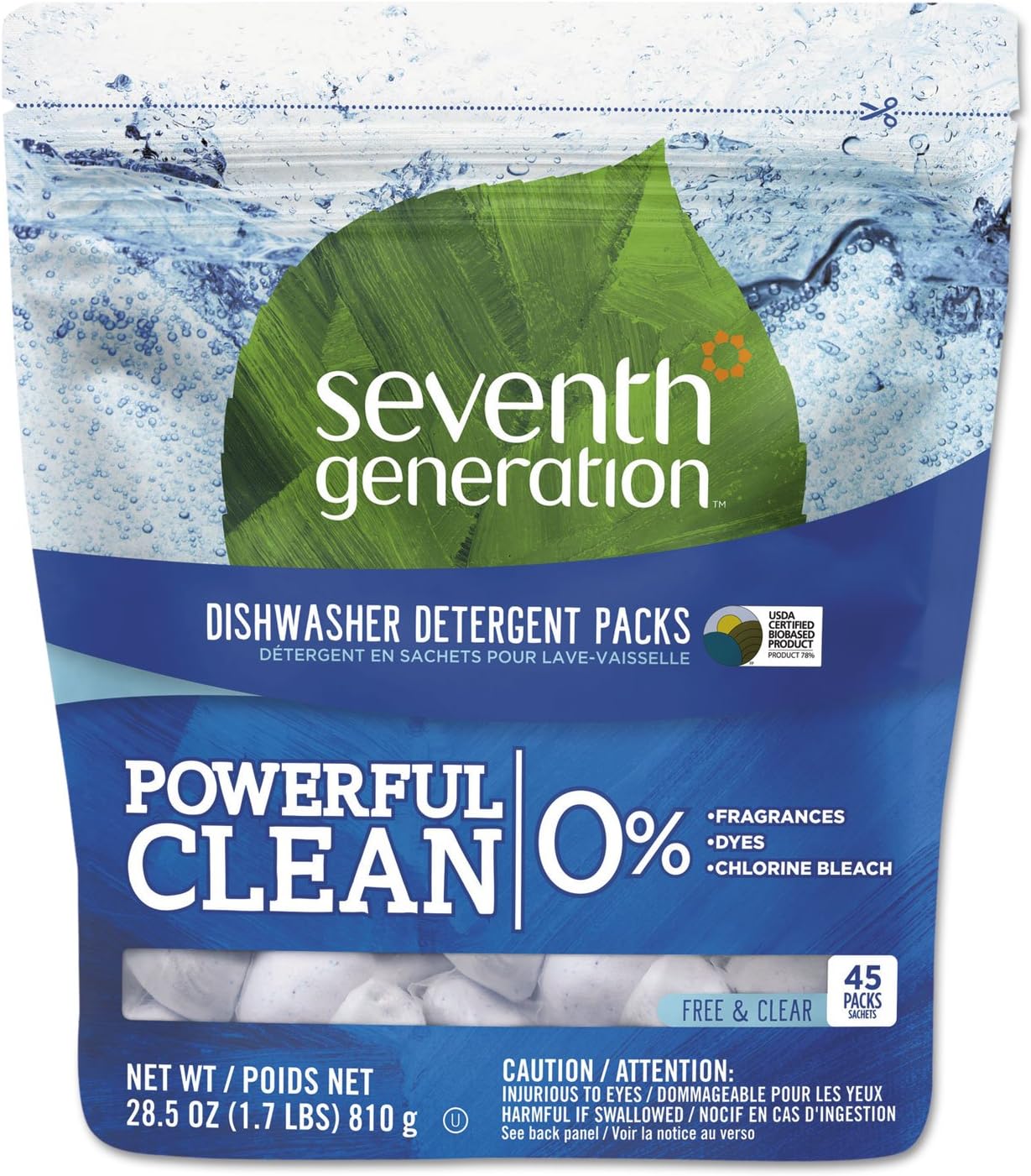 Seventh Generation 22897 Natural Dishwasher Detergent Concentrated Packs Free & Clear, 45 Packets/PK