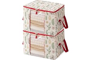 Chaos Cleared Canvas Storage Bags Designer Organizer 2 Pack – Seasonal Storage for Sweaters, Blankets, Linens & Garments – Foldable Design with Zip & Window, Moth-Proof Space Saver, Candycane Print