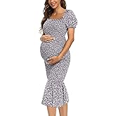 Maternity Summer Floral Midi Bodycon Dresses, Short Puff Sleeve Square Neck Ruffle Hem Mermaid Baby Shower Dress Grey Purple L