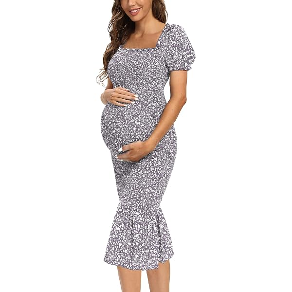 Maternity Summer Floral Midi Bodycon Dresses, Short Puff Sleeve Square Neck  Ruffle Hem Mermaid Baby Shower Dress Grey Purple S at Amazon Women's  Clothing store
