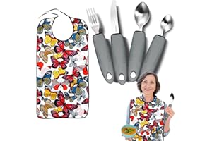 CELUISIVA Adaptive Utensils with Adult Bib - 4pcs Weighted Utensils Set (2.5oz Each) for Hand Tremors, Elderly, Parkinson's, Arthritis - Non-Slip Easy Grip Handles for Independent Eating