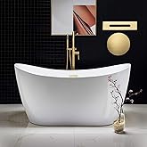 WOODBRIDGE 59" Acrylic Freestanding Bathtub Contemporary Soaking White Tub with Brushed Gold Overflow and Drain，BTA1516-BG-Drain-&O