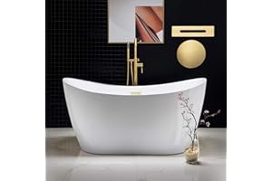 WOODBRIDGE 59" Acrylic Freestanding Bathtub Contemporary Soaking White Tub with Brushed Gold Overflow and Drain，BTA1516-BG-Drain-&O