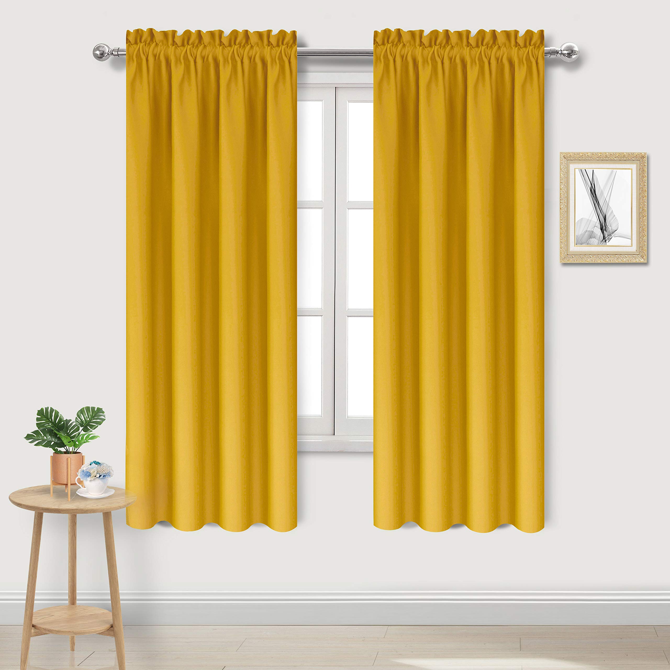 DWCN Blackout Curtains Room Darkening Thermal Insulated Bedroom Curtains Window Curtain Panels, 38 x 63 inches Long, Set of 2 Yellow Rod Pocket Drapes
