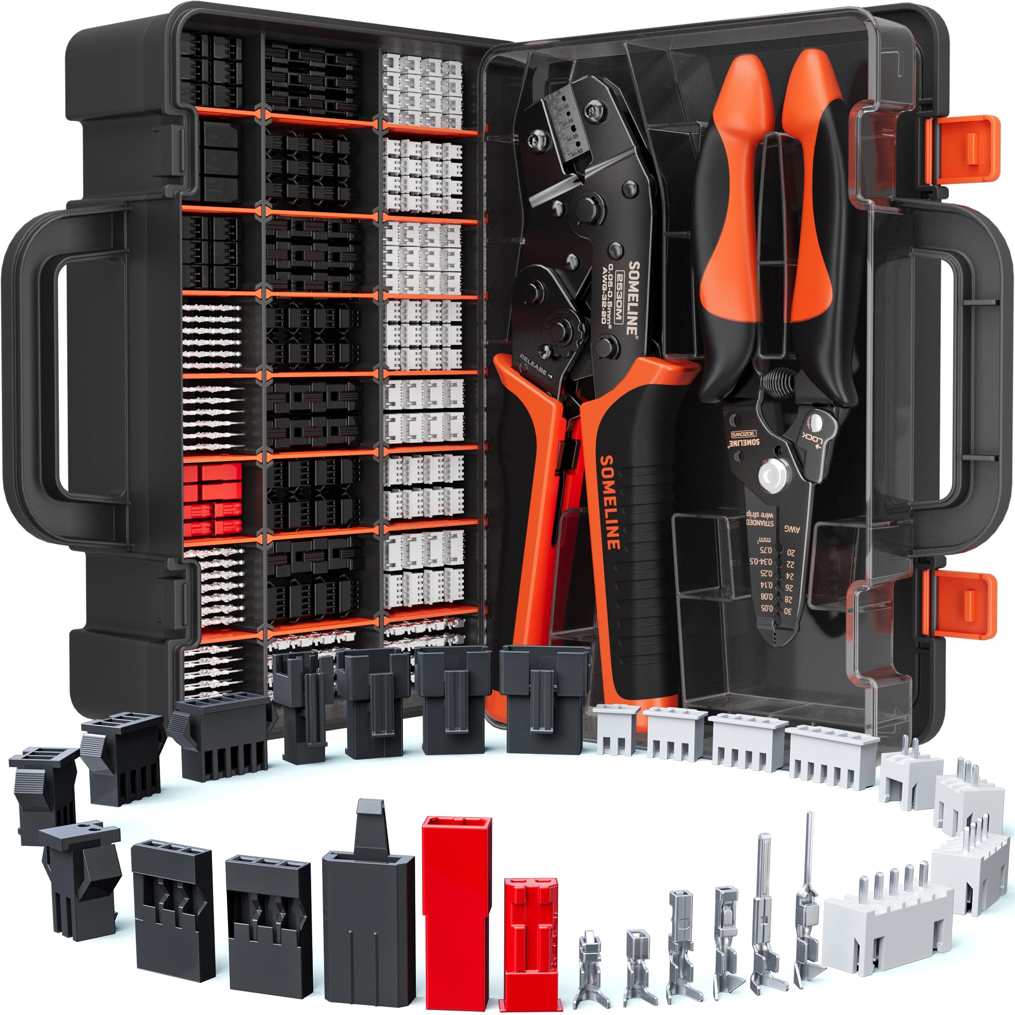 Photo 1 of SOMELINE Crimp Tool Connector Kit, JST-XH/SM/SYP 2.5mm and Du pont 2.54mm Connector Set, 27 Types of Connectors, 30-20 AWG Ratcheting Crimper for JST Series,KF2510,Molex,AMP EI Series