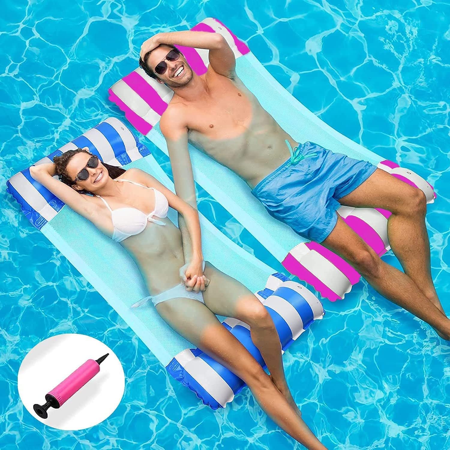 LATERN 2Pcs 130CM Swimming Pool Float Hammock, 4-in-1 Saddle/Lounge Chair/Hammock/Drifter Inflatable Float Bed Raft Recliner Beach Hot Tub Mat (Blue & Pink)