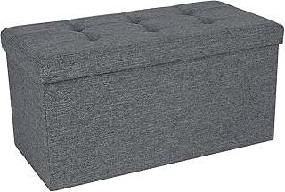 SONGMICS Sitzbank mit Stauraum, Sitztruhe, Sitzhocker, Aufbewahrungsbox, Fußablage, faltbar, belastbar bis 300 kg, 80 L, 76 x 38 x 38 cm, Leinenimitat, dunkelgrau LSF47K