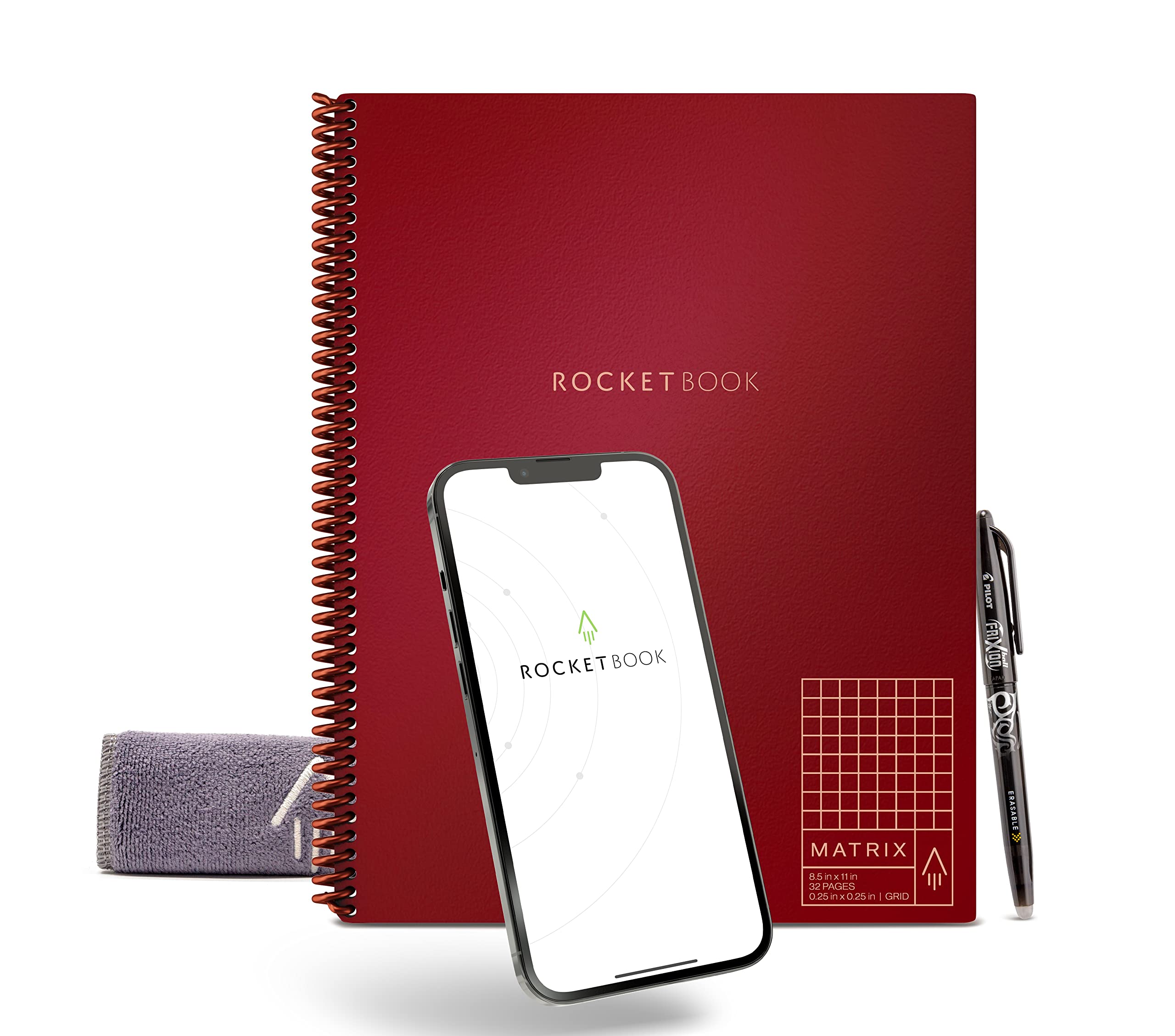Rocketbook Matrix Graph Notebook - Eco-Friendly Reusable Notebook with 1 Pilot Frixion Pen & 1 Microfiber Cloth Included - Maroon, Letter Size (8.5" x11") (MTX-L-K-CME)